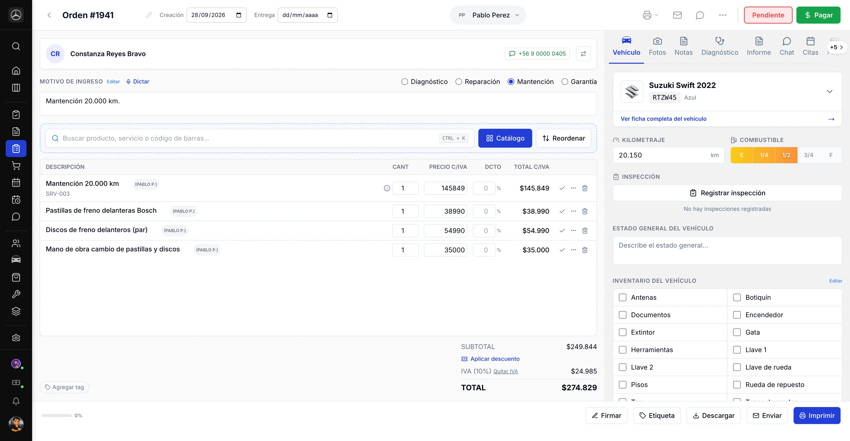 Orden de trabajo de un taller mecánico en ServitechCloud: cliente, vehículo con placa y kilometraje, repuestos, mano de obra y total