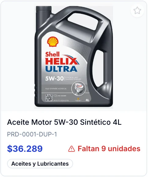 Producto con alerta de stock bajo en ServitechCloud